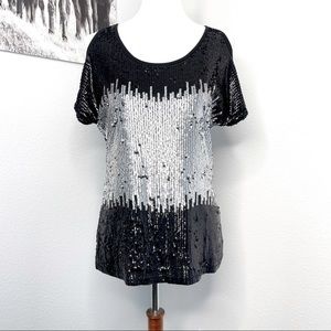 International Concepts Sequin Blouse Black Silver Top Women’s Size Small INC